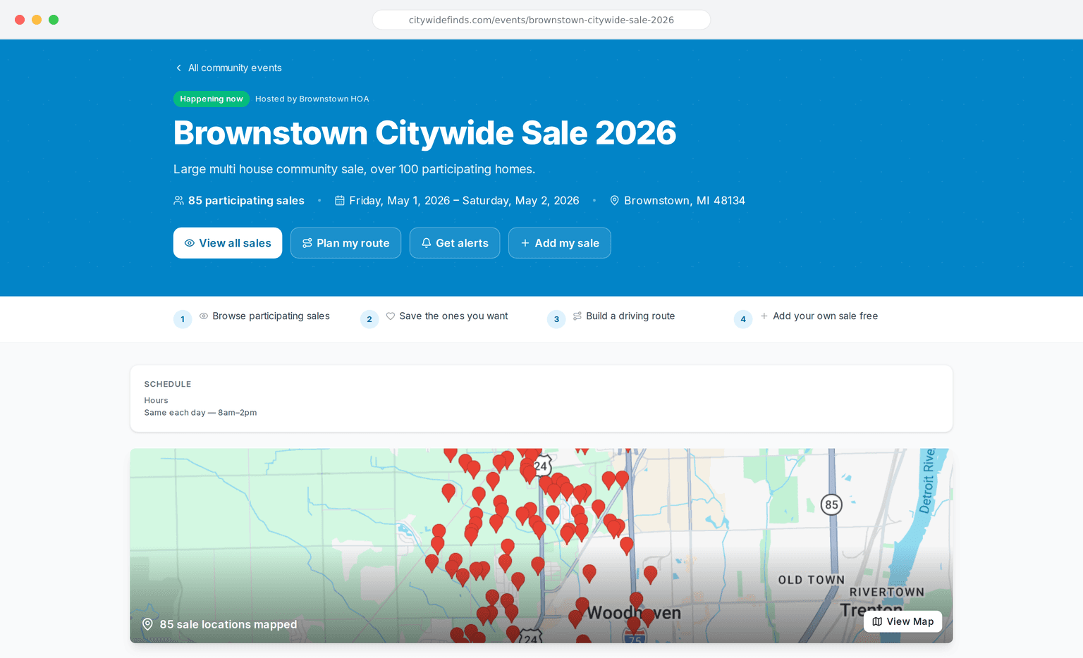 The Brownstown Citywide Sale 2026 event page on City Wide Finds — showing the event title, 85 participating sales, signup CTAs, and a live shopper map with red pins for every participating address
