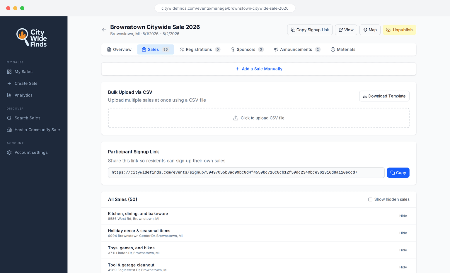 The City Wide Finds organizer dashboard — managing the Brownstown Citywide Sale 2026 event, with the Sales tab showing 85 participating addresses, CSV bulk-upload, the participant signup link, and per-sale management controls