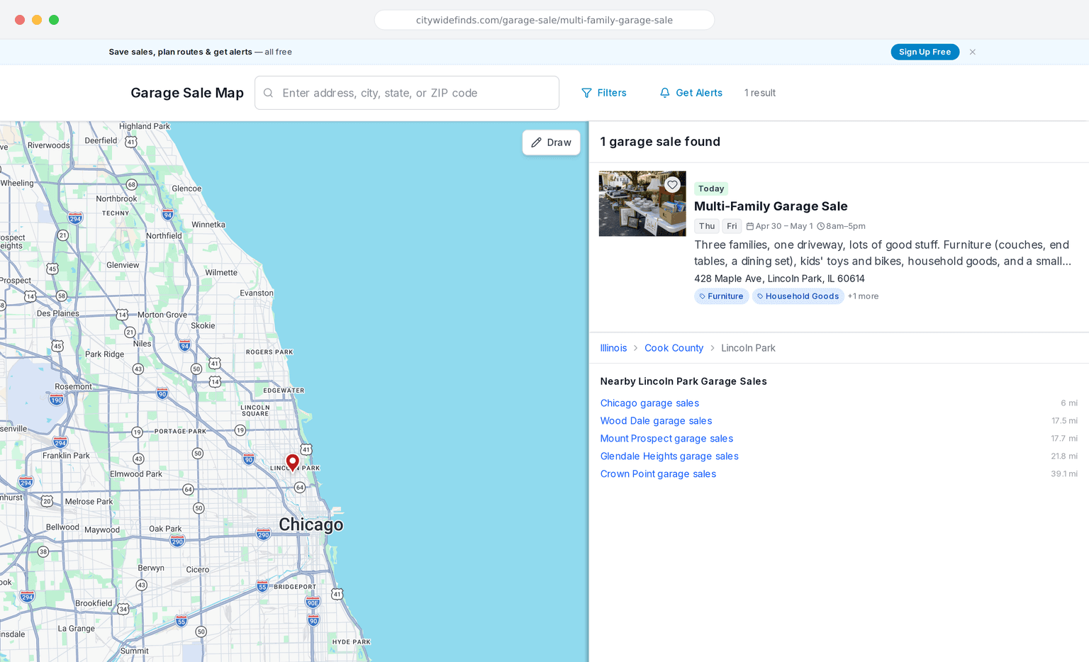 A polished public garage sale listing on City Wide Finds — Multi-Family Garage Sale in Lincoln Park, IL — showing the photo grid, address, sale dates, and category tags shoppers see and use to plan their route