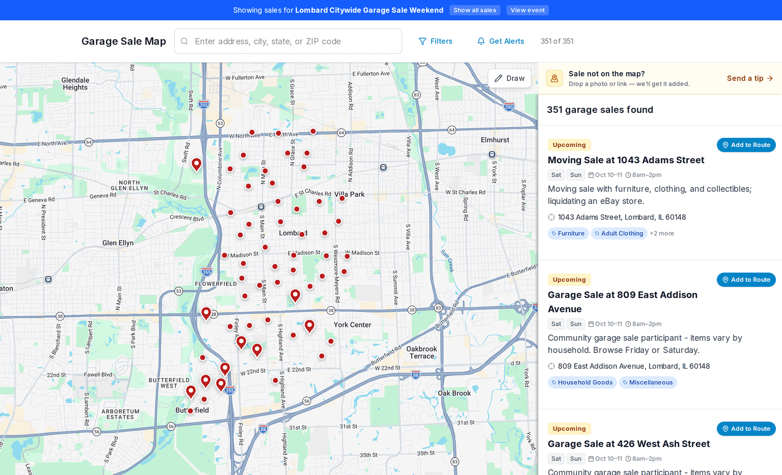 City Wide Finds garage sale map showing nearby sales as pins, with filters and a results list so shoppers can pick stops before driving
