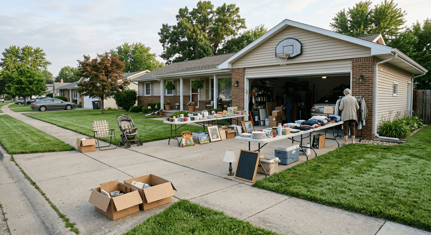 Early-morning garage sale setup in Springfield, Illinois with tables of household items and signs