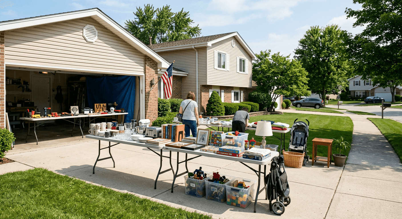 Driveway garage sale setup in Schaumburg with tables of items and price tags on a sunny day