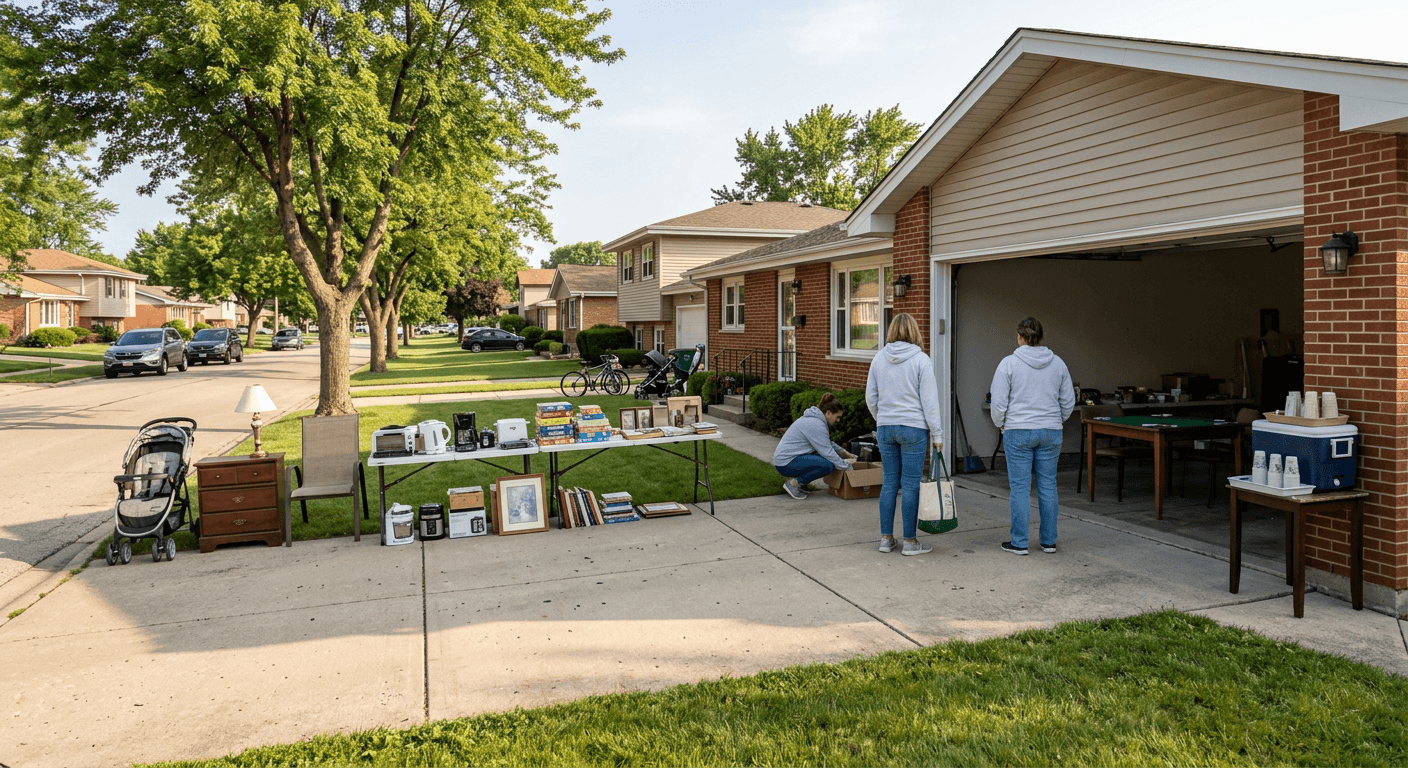 Morning garage sale setup in Aurora, Illinois with tables in a driveway and early shoppers browsing