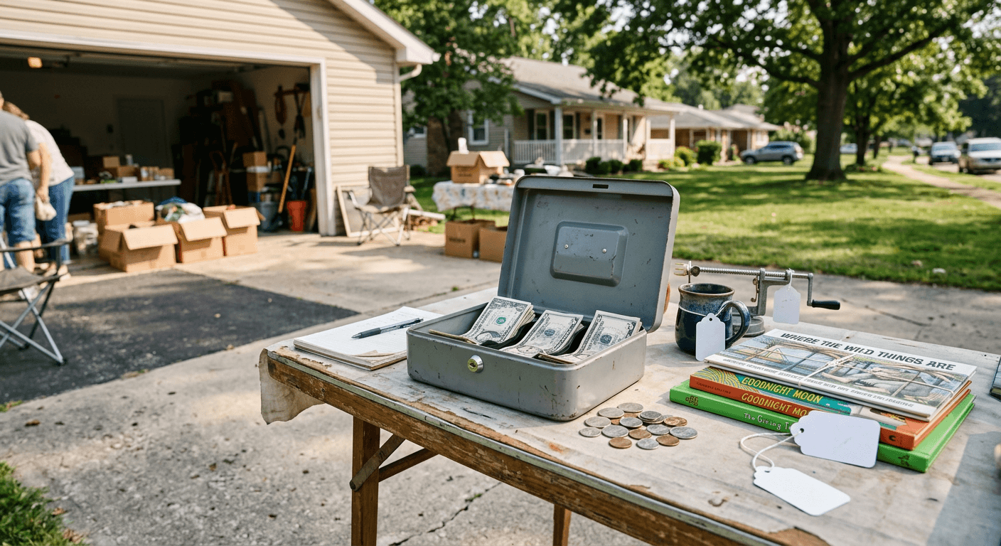 Cash and small bills next to priced items at a Springfield yard sale checkout table