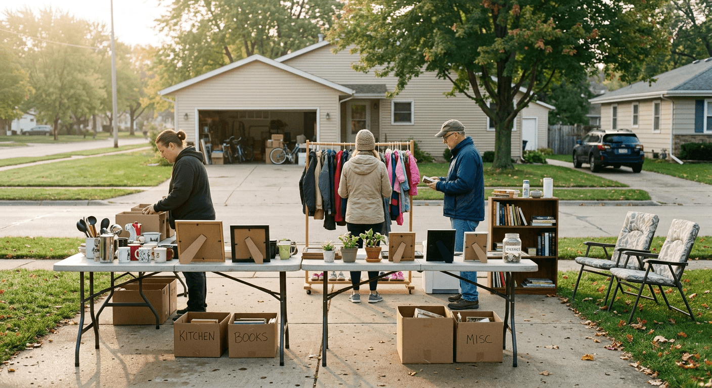 Early Saturday morning shoppers browsing tables at a Rockford, Illinois garage sale