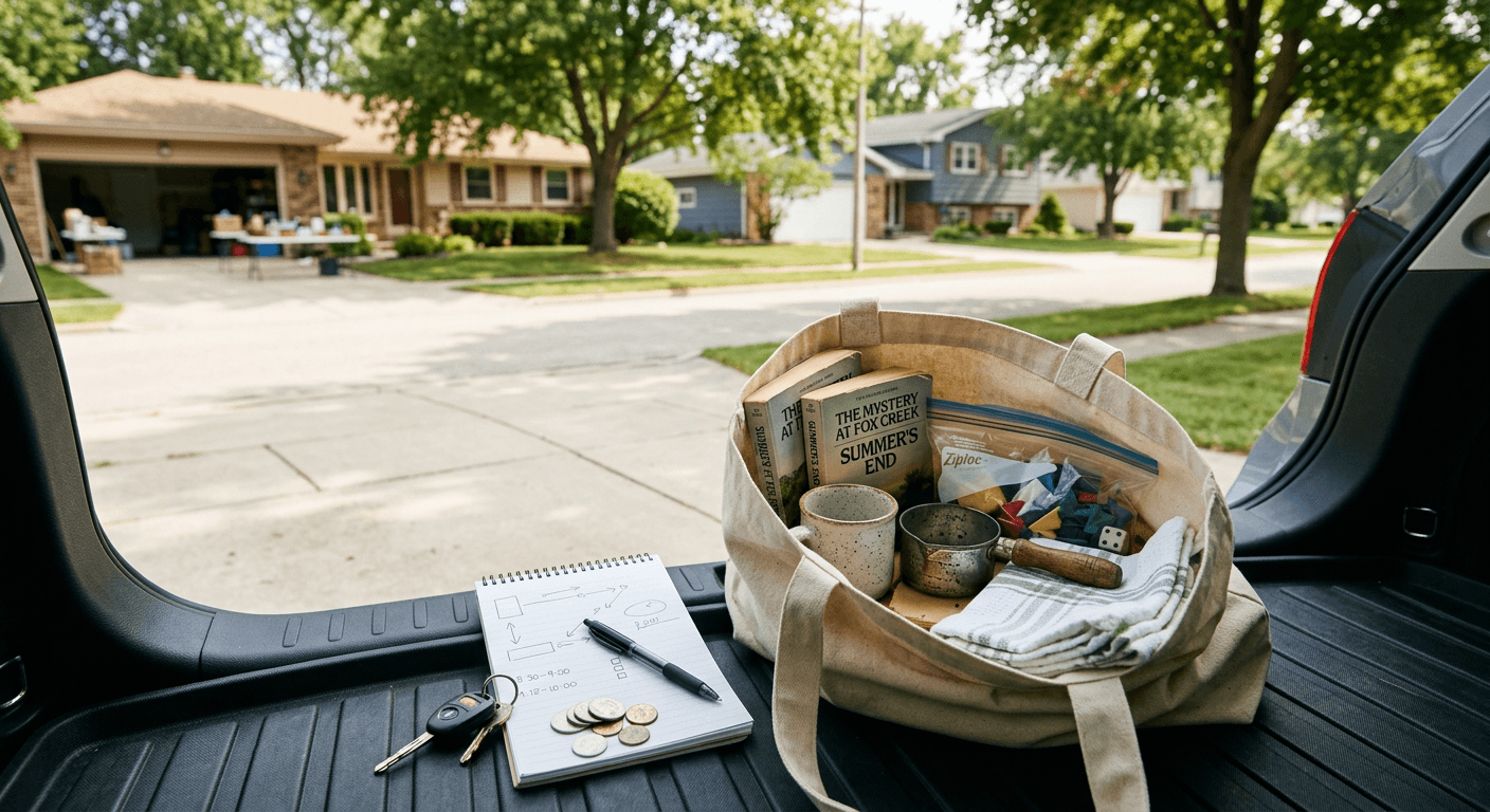 Close-up of route notes and a bag of small garage sale finds during a Schaumburg sale run