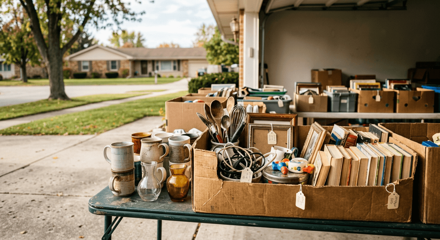 Close-up of yard sale items with handwritten price tags on boxes and household goods in Aurora
