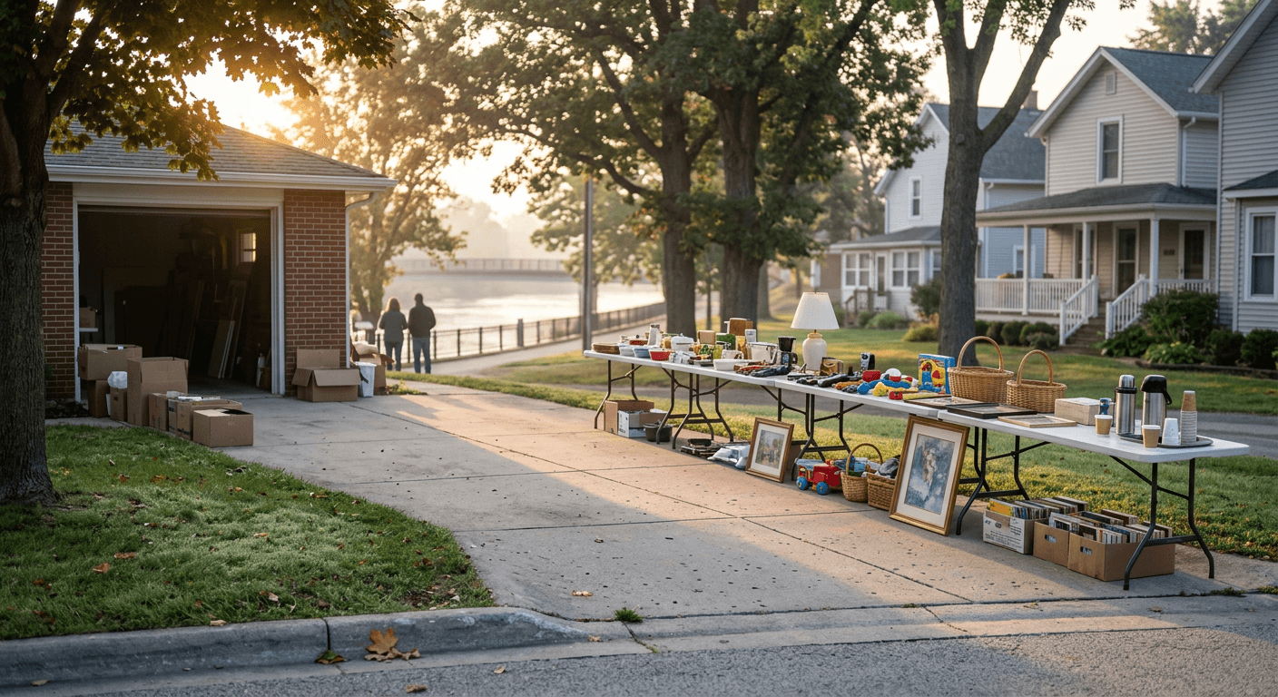 Early morning garage sale scene in Elgin, Illinois with tables and the Fox River nearby