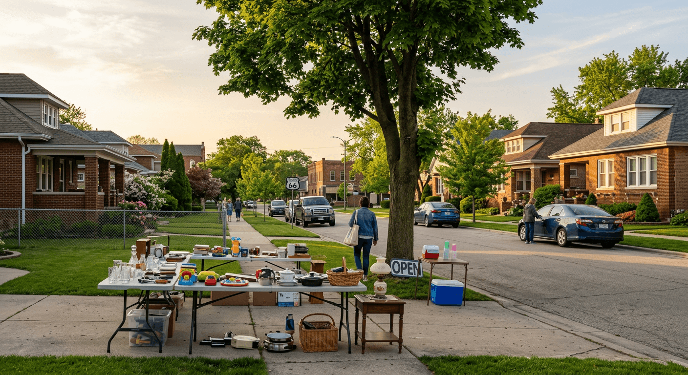 Morning garage sale scene in Joliet with tables set out and shoppers browsing on a quiet street