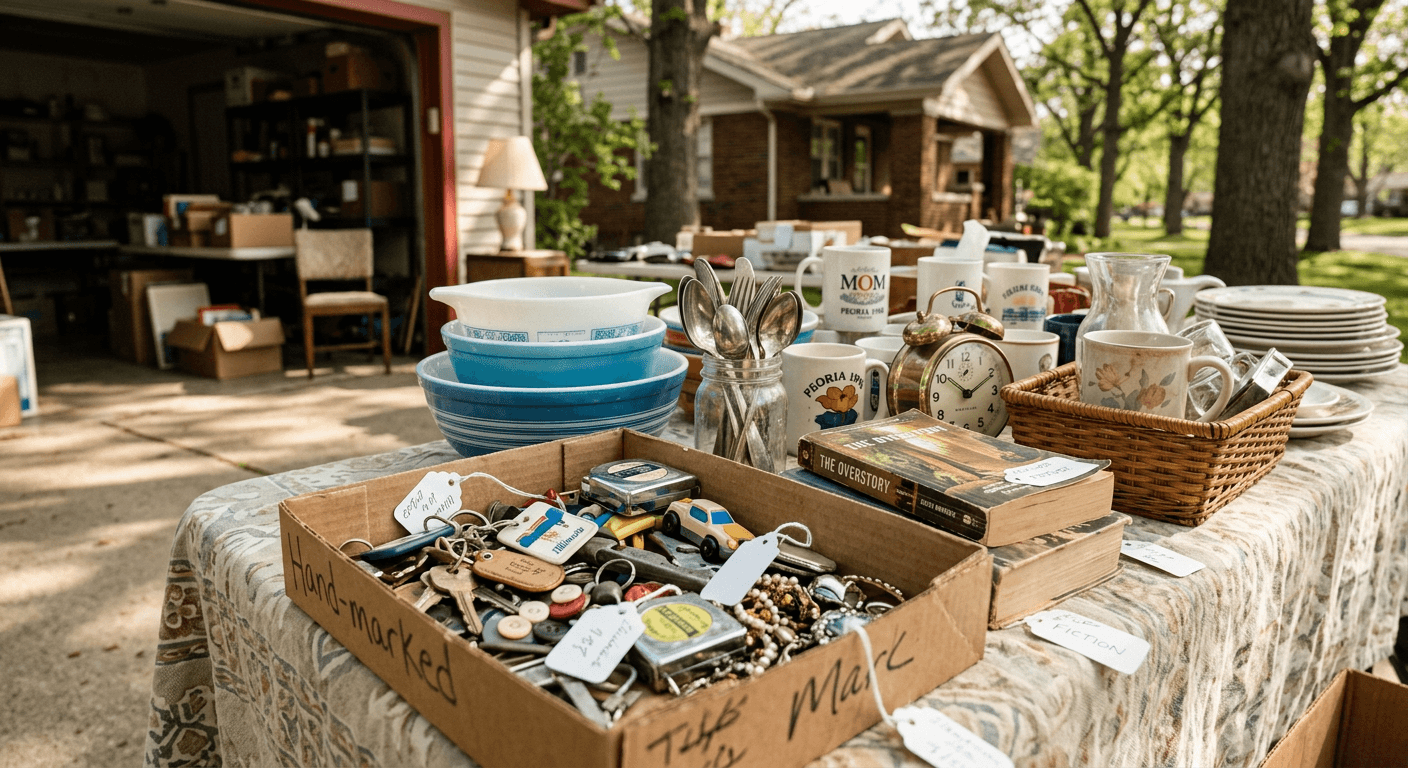 Close-up of garage-sale tables with handwritten price tags and assorted household items