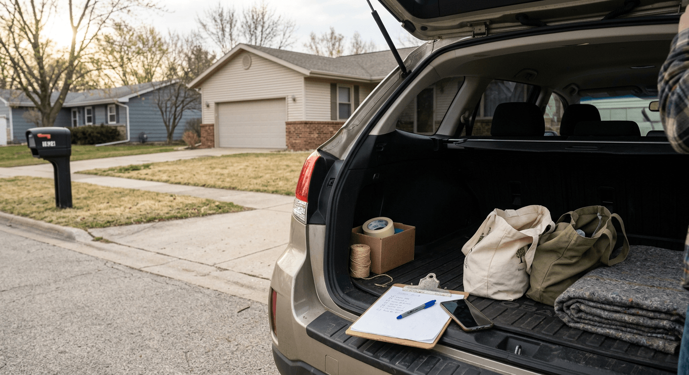 Checklist and empty trunk space ready for a garage sale route in Rockford