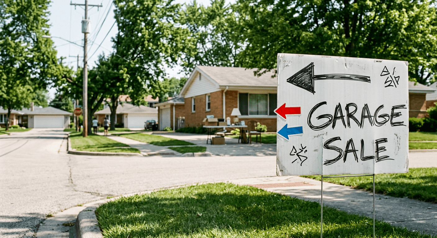 Handmade yard sale sign on a Joliet corner pointing drivers toward neighborhood sales