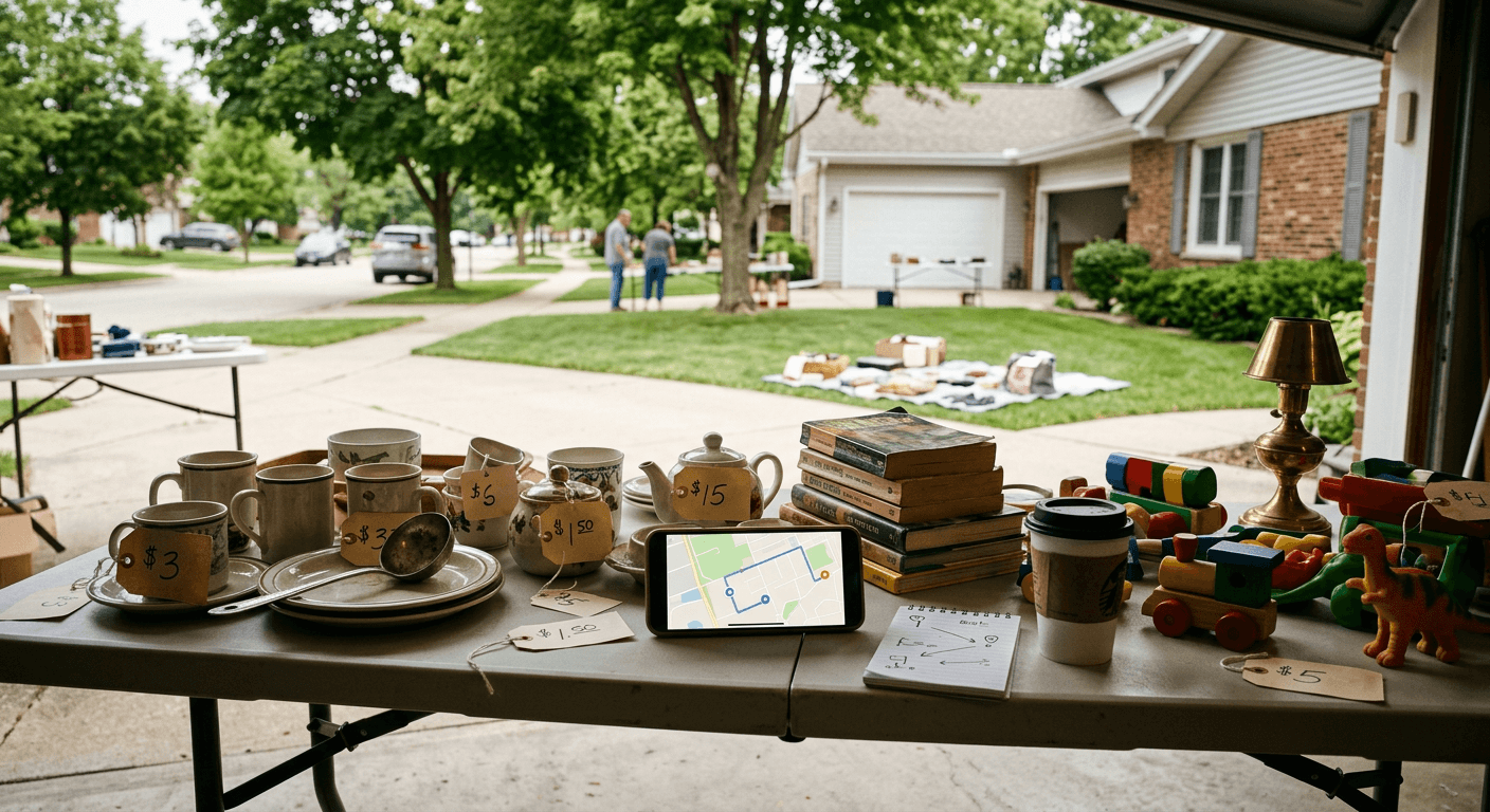 Close-up of garage sale items with a simple route plan for stops around Elgin