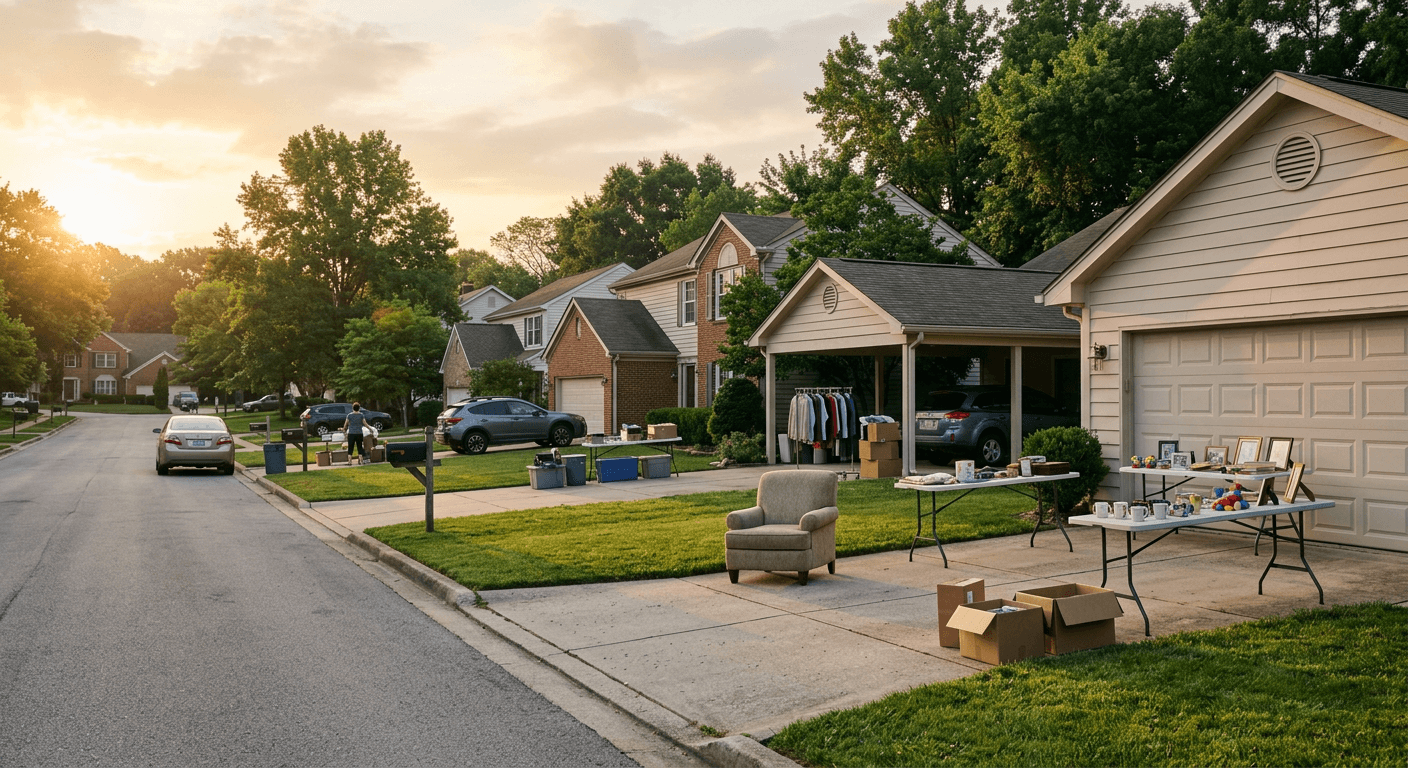 Driveways setting up for a garage sale at sunrise in a quiet neighborhood
