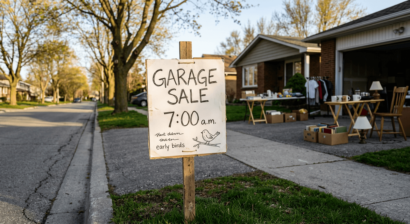 Handwritten garage sale sign showing a 7:00 a.m. start time near sale tables