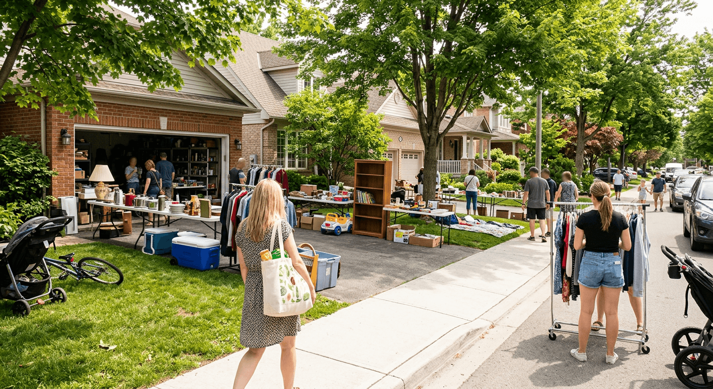 Shoppers browsing a neighborhood sale with multiple driveways participating