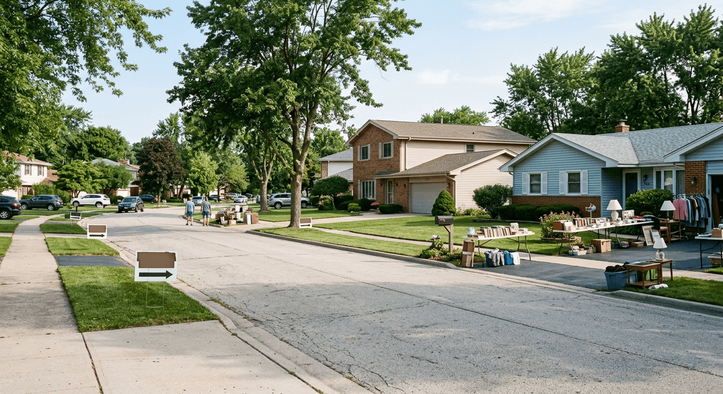 Residential street in Wood Dale during a city-wide garage sale morning