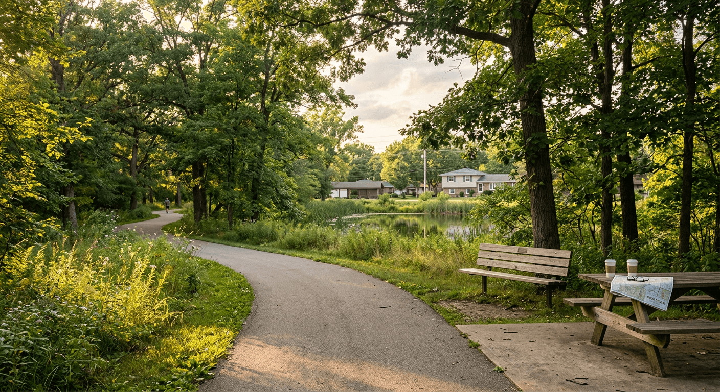 Peaceful green space in Wood Dale after a day of garage sale shopping