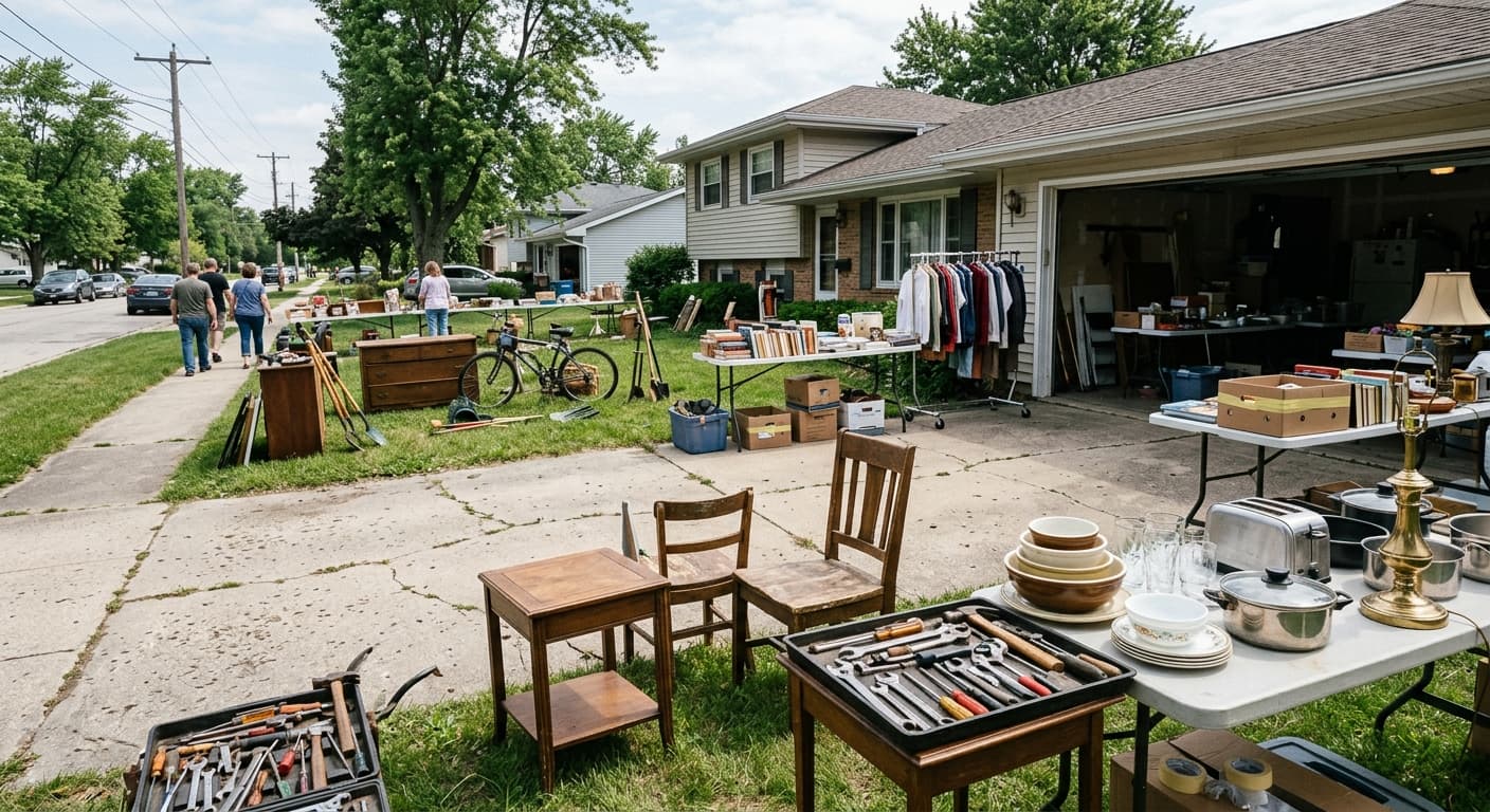 Wide garage sale scene with tables of items and standout secondhand pieces