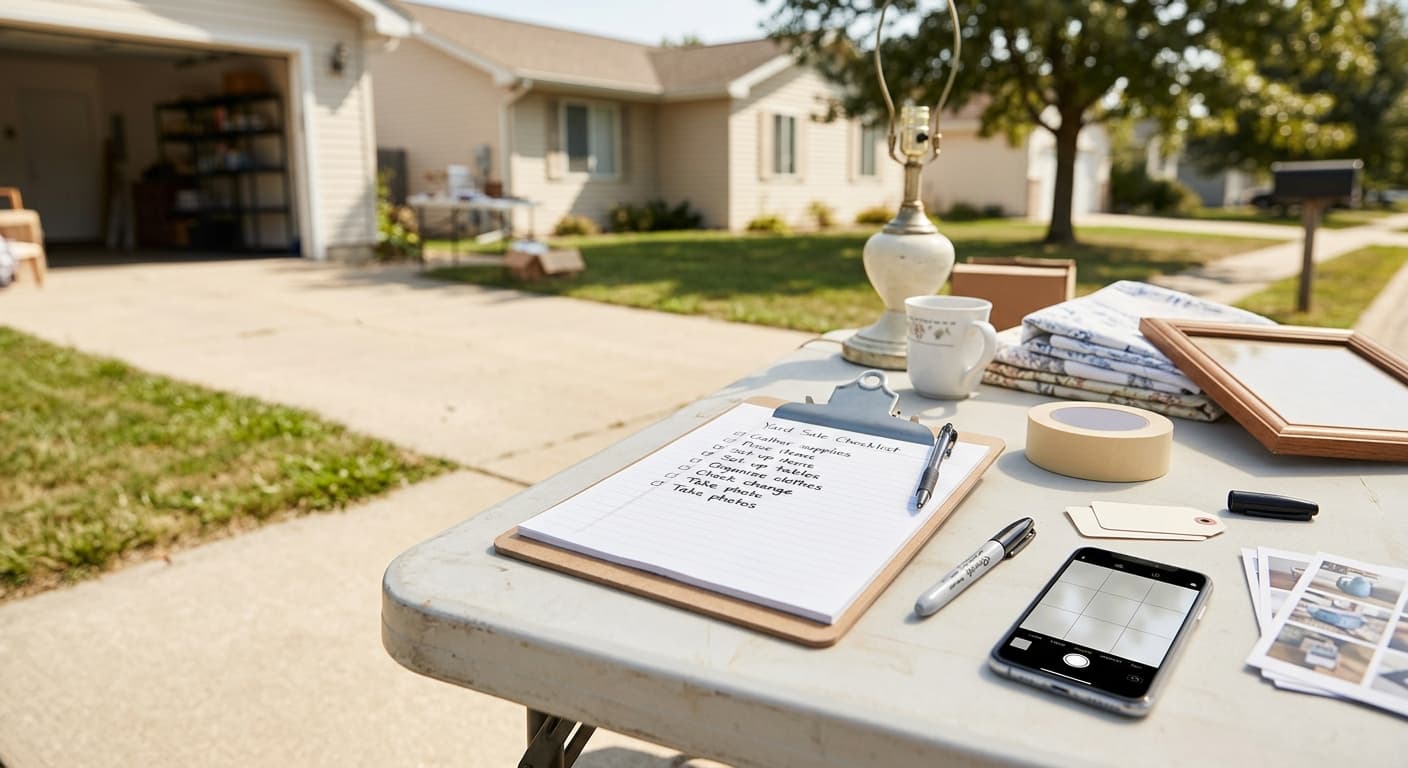 Checklist for creating a yard sale listing with photos, address, and sale hours