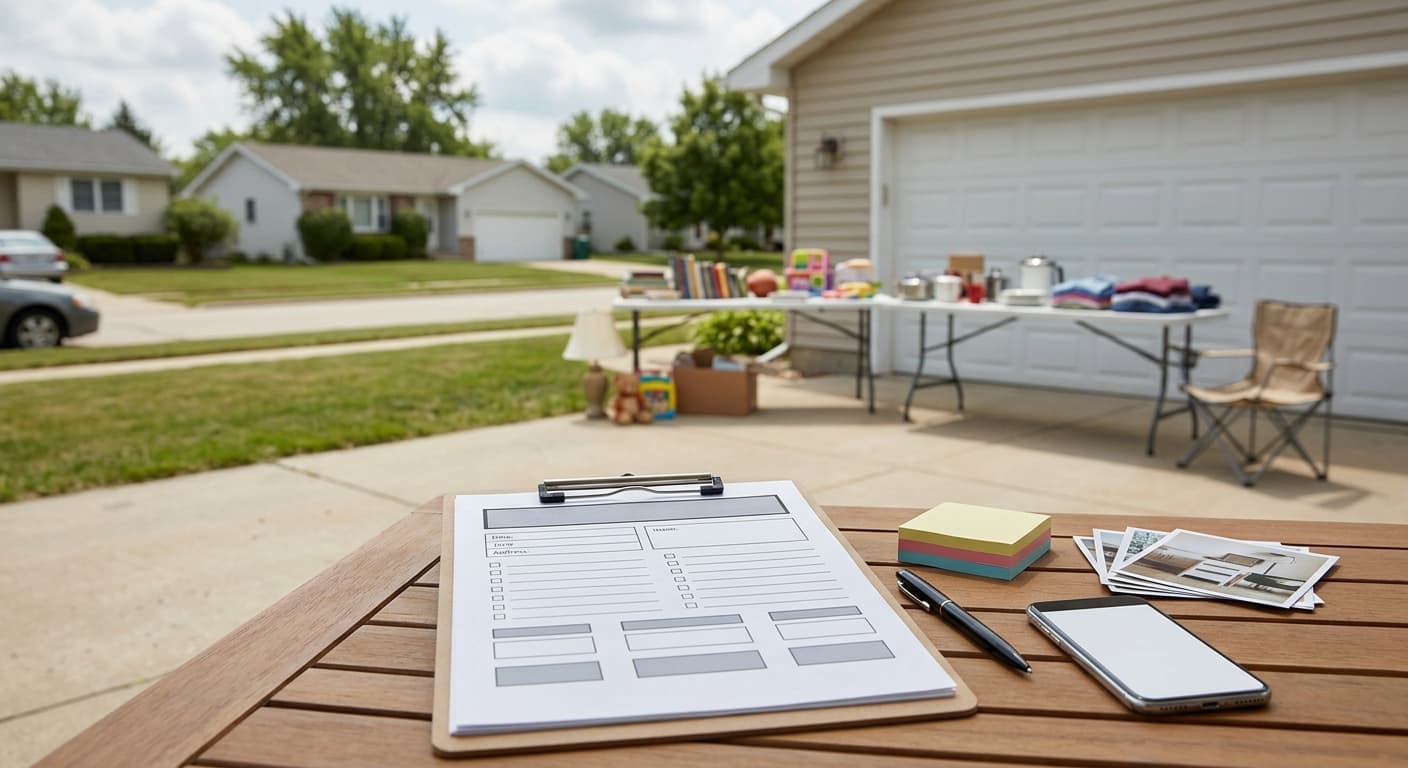 Garage sale listing draft showing title, date, time, address, and item categories