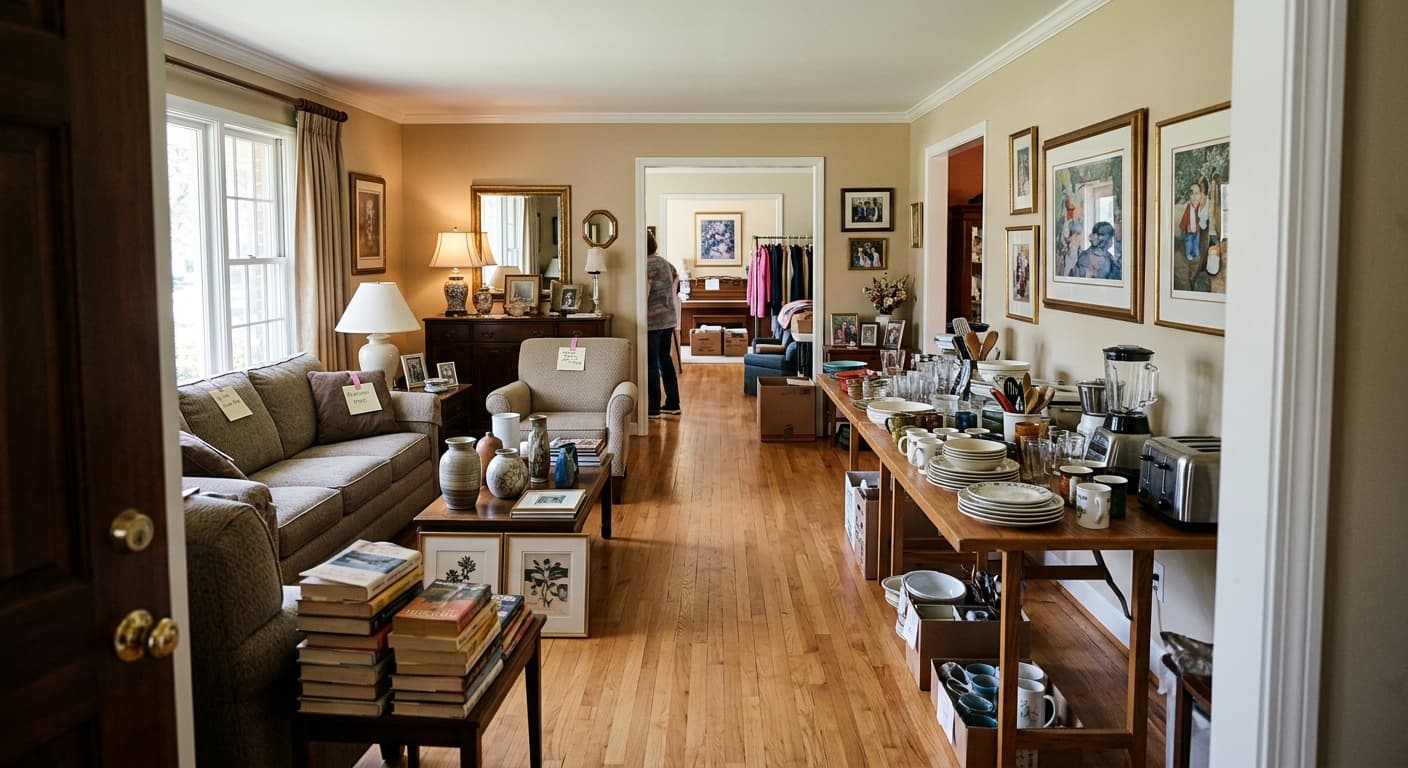 Interior estate sale room with tagged furniture, decor, and household items