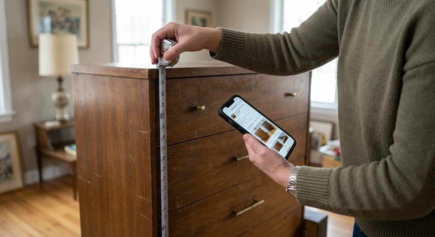 Shopper measuring a dresser while reviewing estate sale listing photos