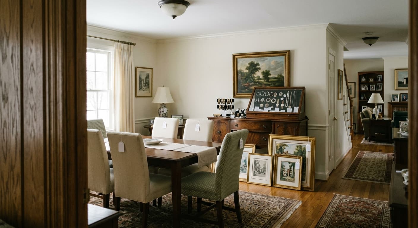 Tagged furniture and household contents arranged inside a home for an estate sale
