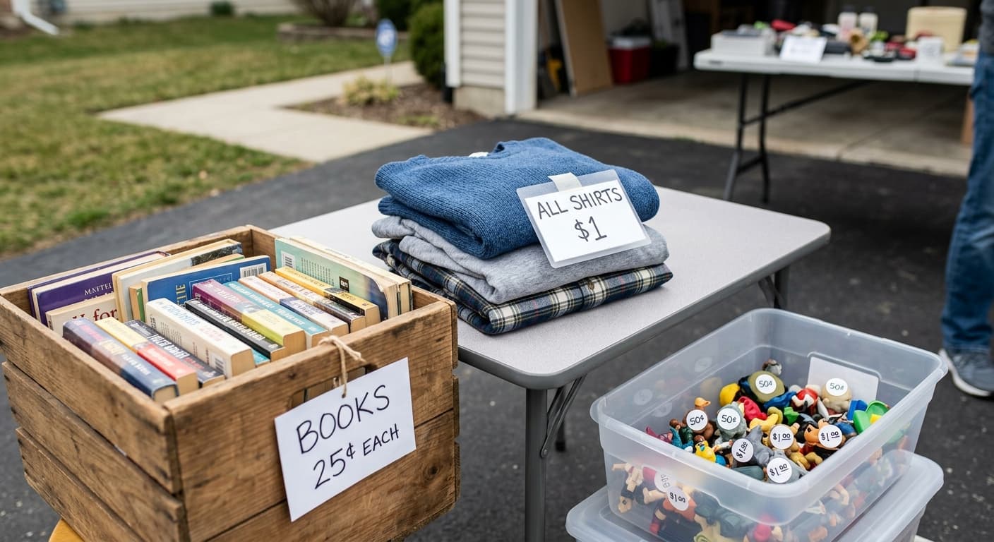 Clearly labeled garage sale books, clothes, and toys with low category prices