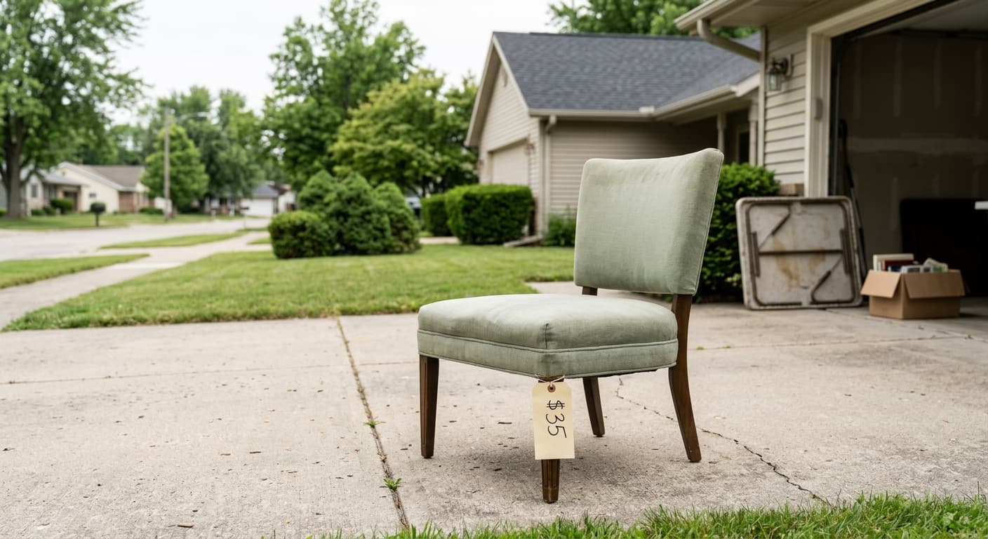Garage sale furniture item with visible price tag and room for negotiation