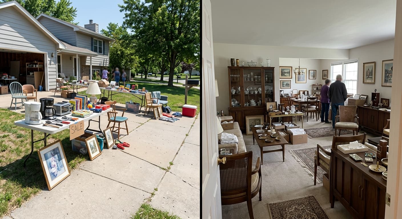 Split view of a casual driveway sale and an inside-the-home estate sale setup