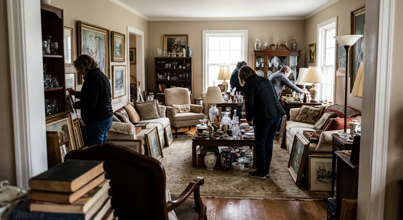 Shoppers browsing furniture, art, lamps, and glassware inside an estate sale