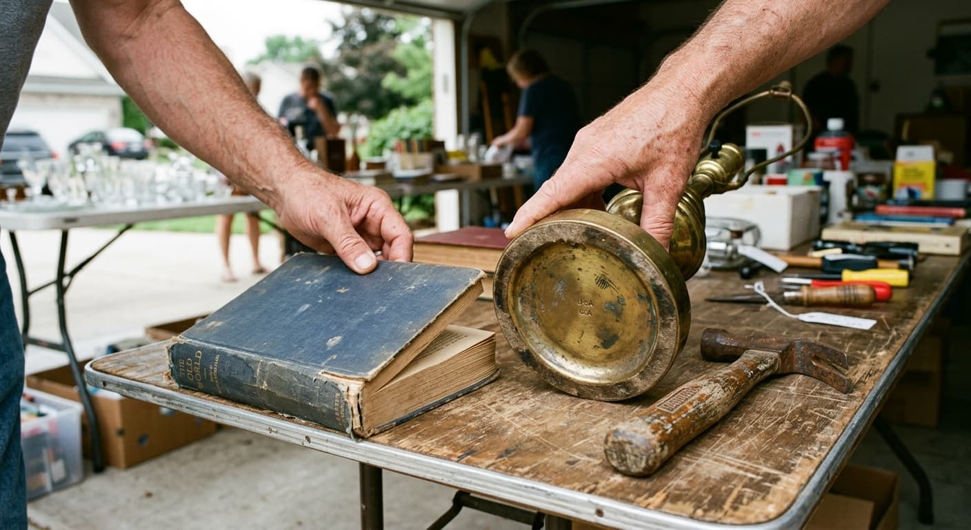 Hands inspecting condition details on a vintage book, lamp, and tool