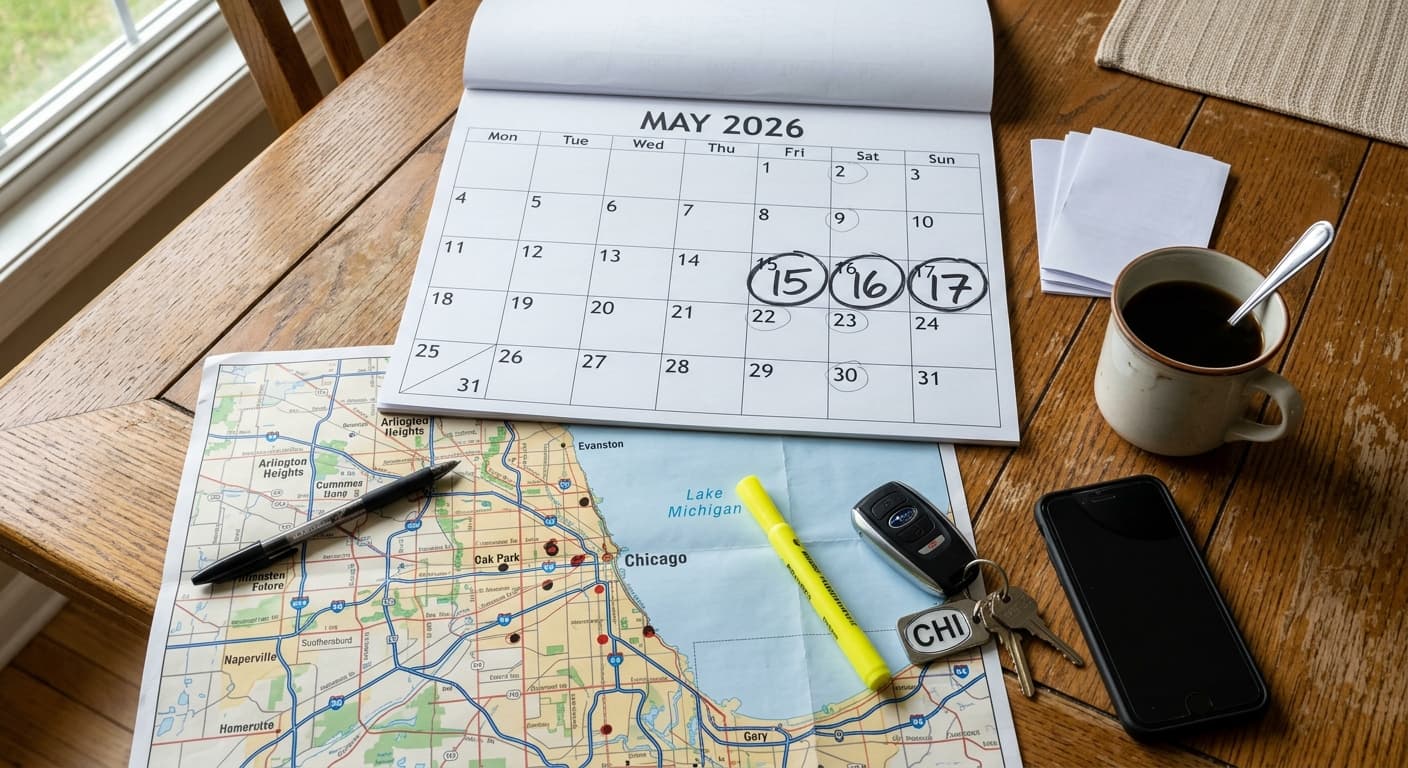 Marked calendar and map highlighting mid-May city-wide garage sale planning in Chicagoland