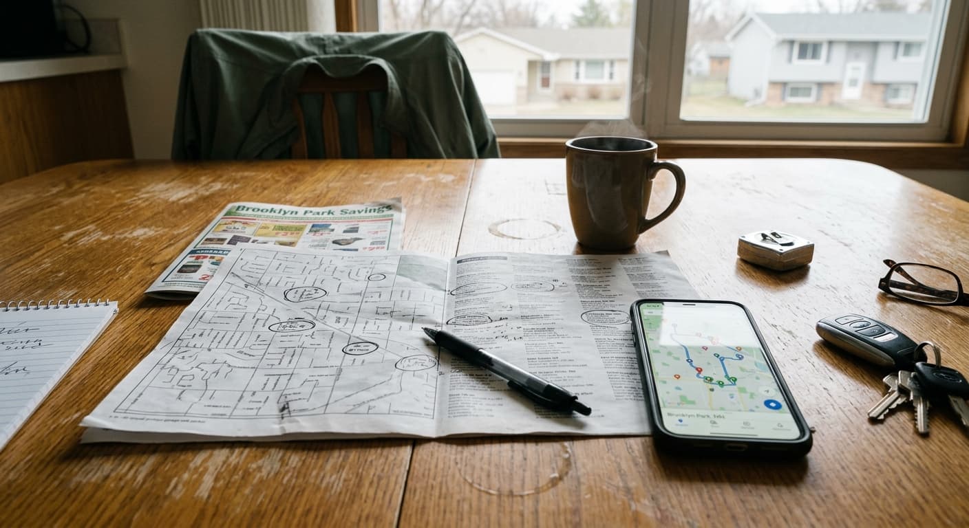 Printed garage sale packet and phone map used to plan a Brooklyn Park sale route