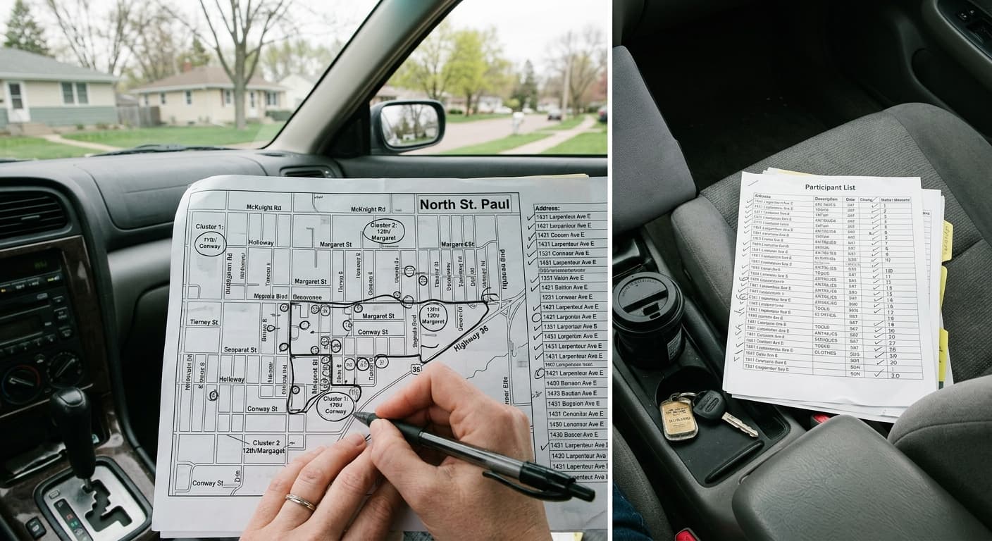 Printed North St. Paul sale map and list marked up for a garage sale route