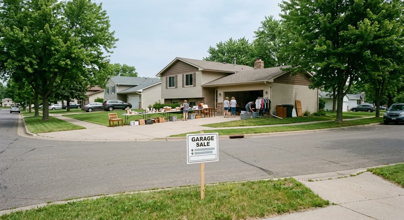 Official city garage sale sign marks a neighborhood sale in Brooklyn Park