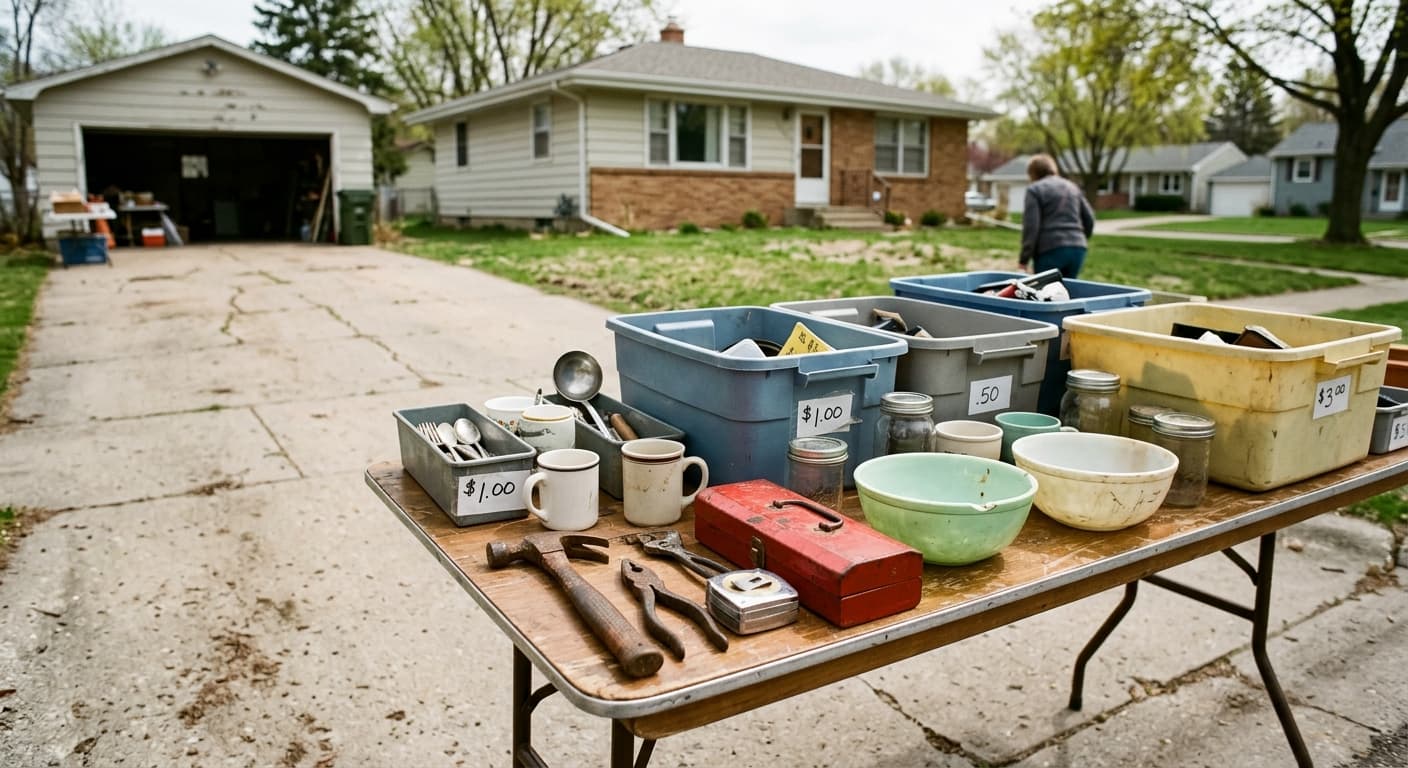 Close-up of tools, kitchen items, and storage bins at a North St. Paul sale