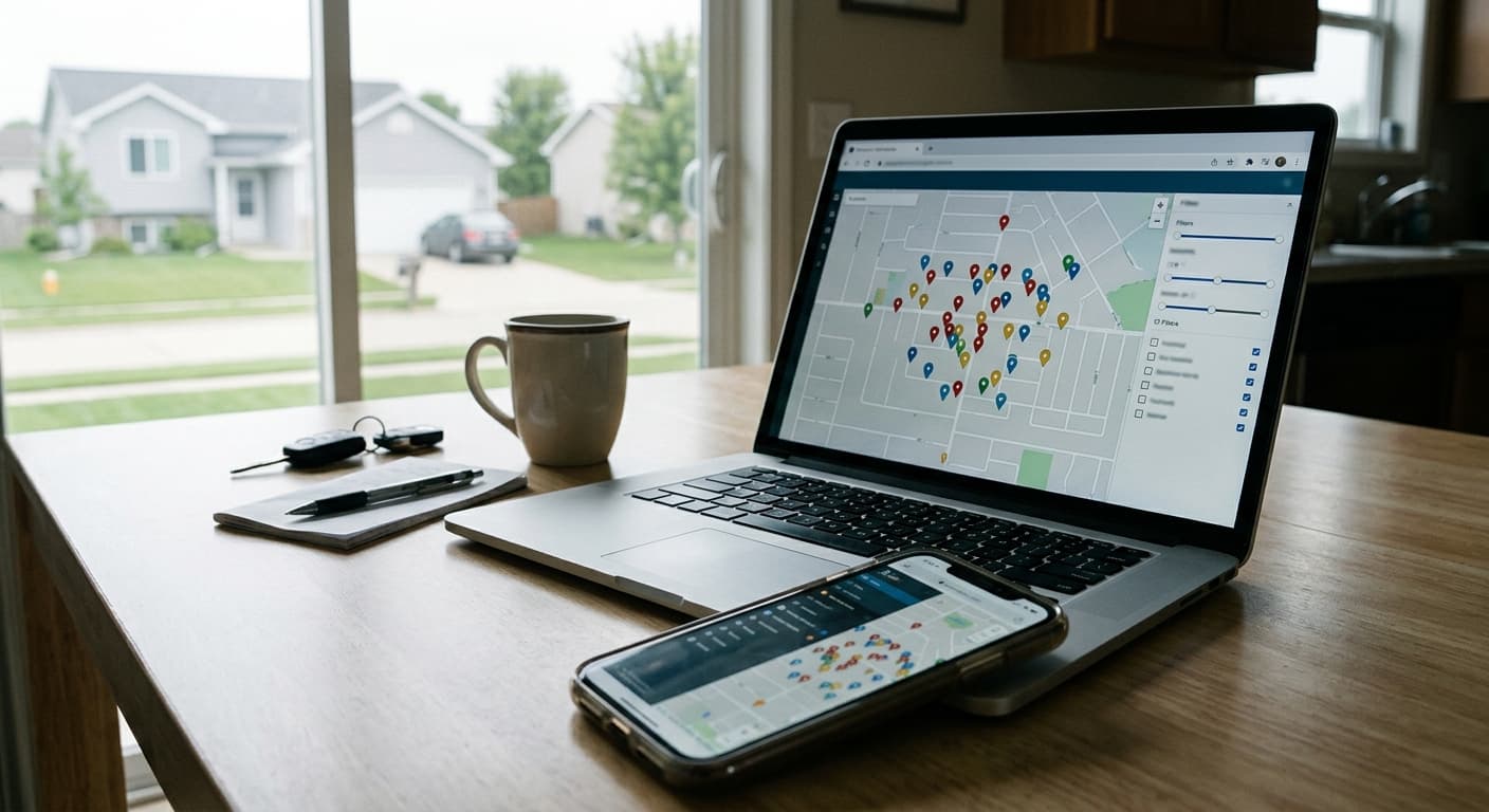 Interactive garage sale map with sale pins and item filters open on screens