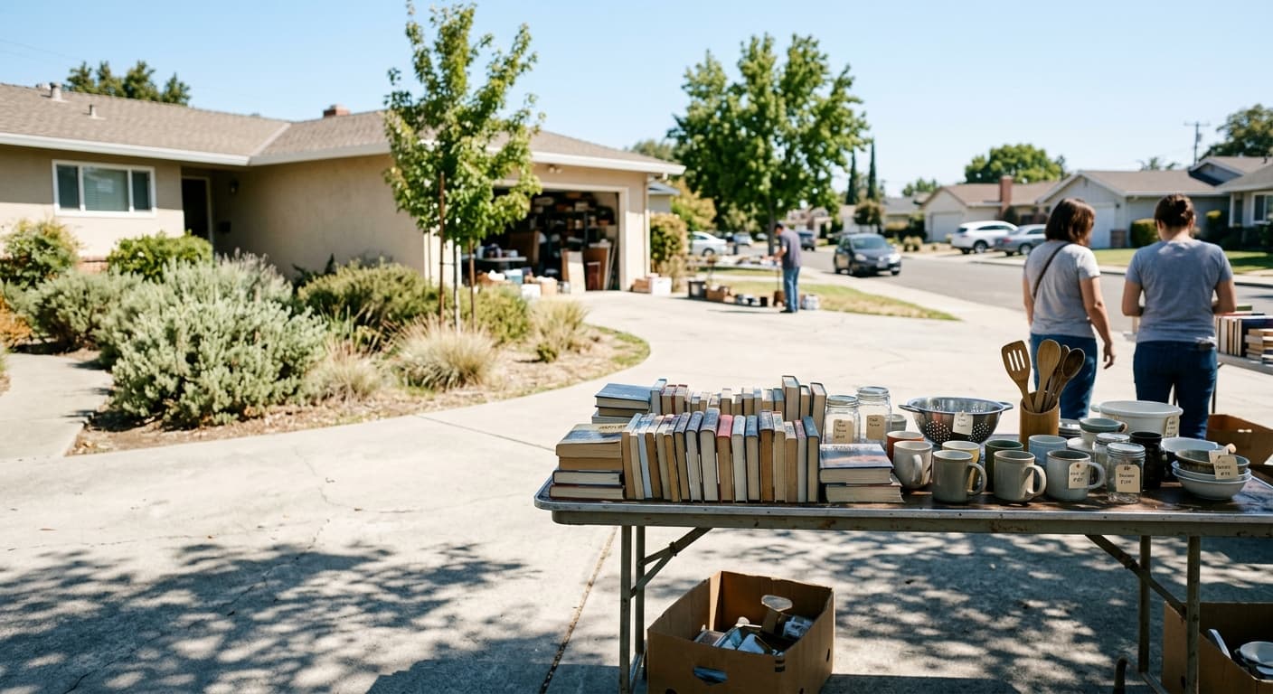 Books and household items arranged on a driveway sale table with price tags