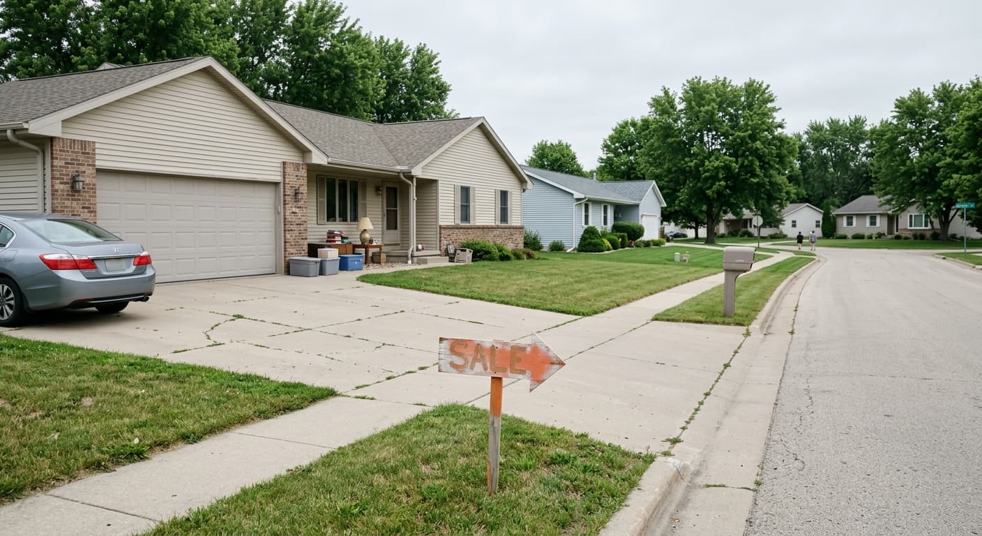 Residential street in Asbury with driveways and a garage sale arrow sign