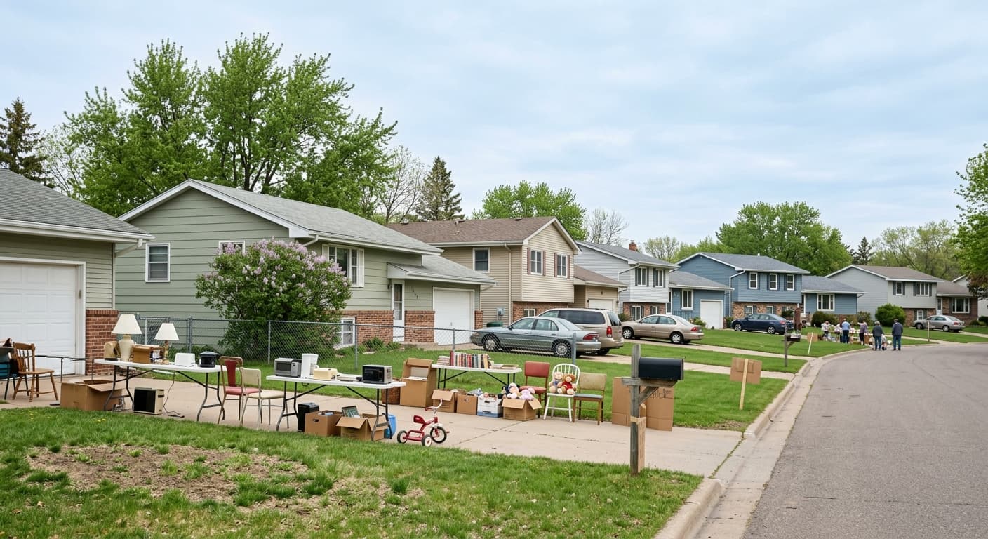 Residential North St. Paul street with yard sale signs during the city-wide weekend