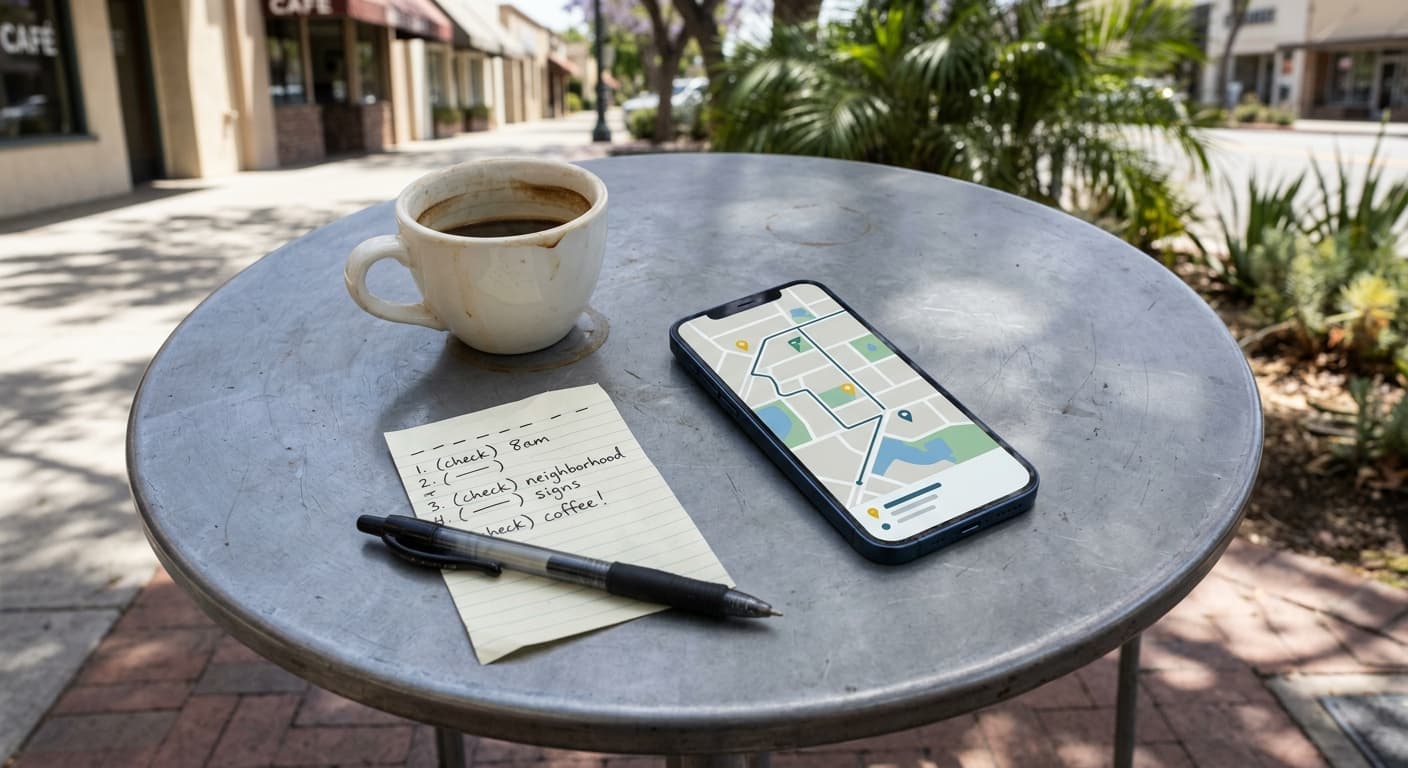 Phone showing a mapped garage sale plan beside a coffee and handwritten list