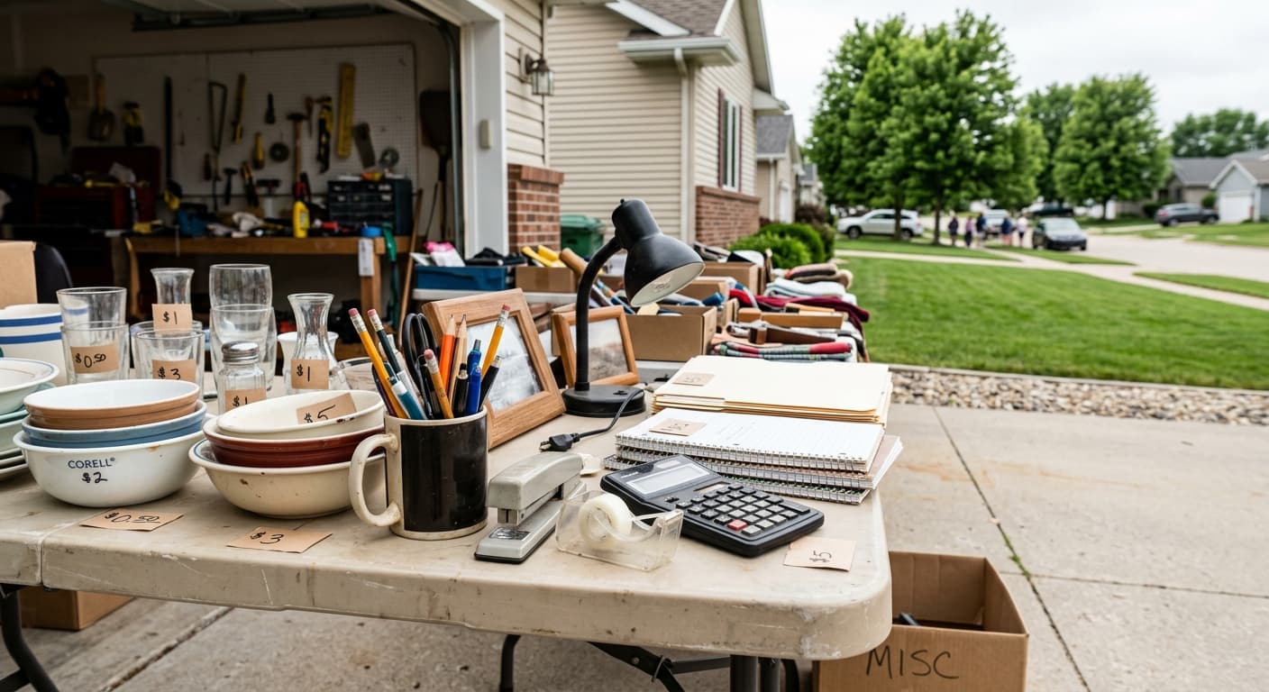 Close-up of household goods and office items with handwritten sale prices