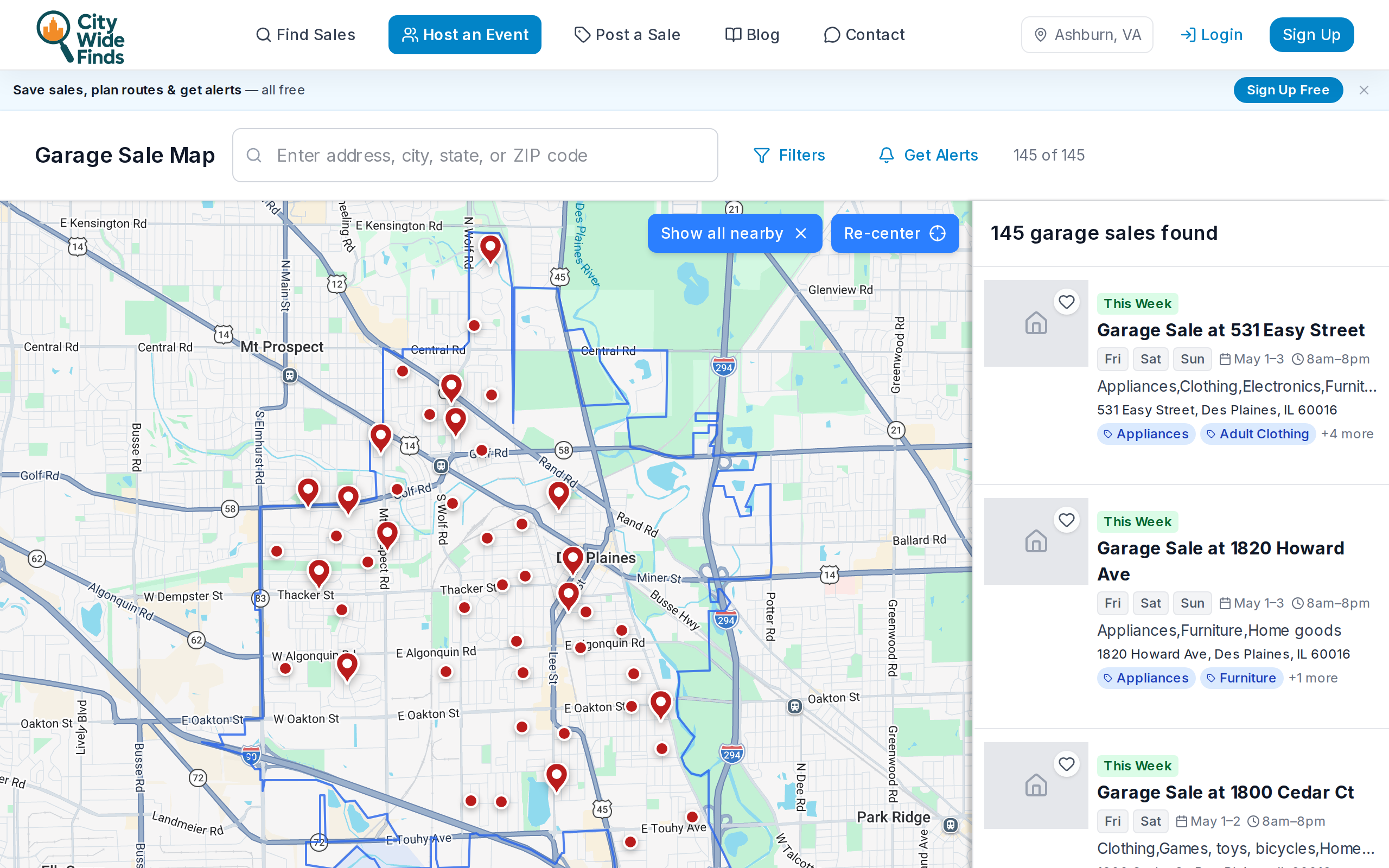 Live garage-sale map showing 145 sales pinned across Des Plaines, IL, with a sidebar list of nearby sales