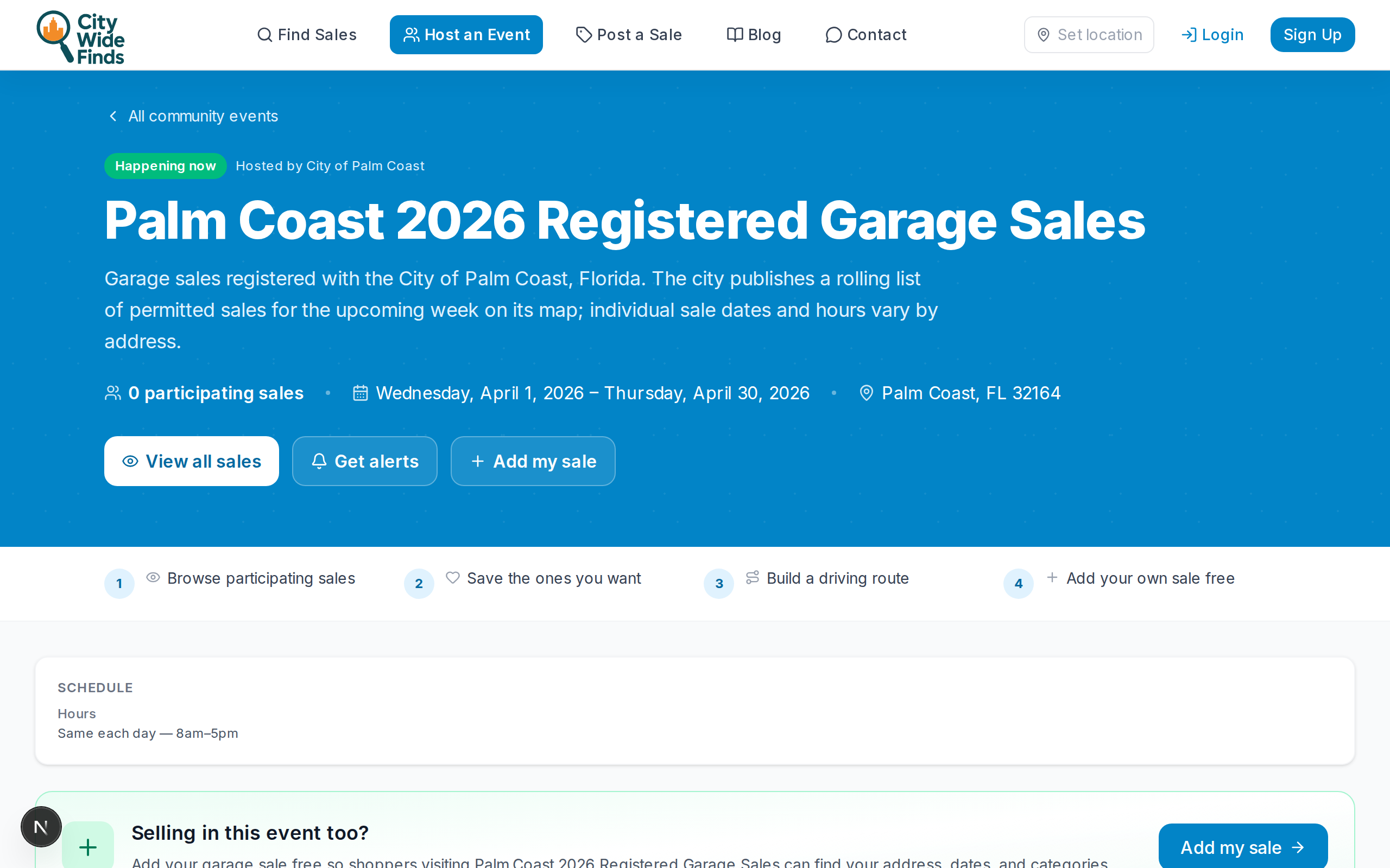 Community event page for Palm Coast 2026 Registered Garage Sales — banner, participant map, dates, and signup buttons